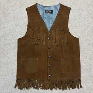 Vtg Joo Kay Suede Fringe Leather Vest Mens 40 Brown Western Cowboy Snap 60s 70s